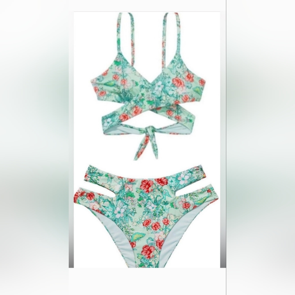 Victoria's Secret Mint Floral Crisscross Tie Bikini with Coral Accents